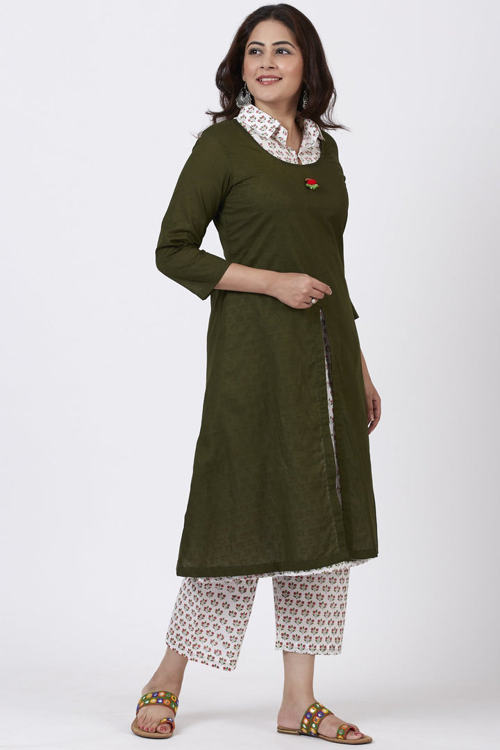 anokherang Combos Mehendi Green Collared Printed Kurti with Straight Pants
