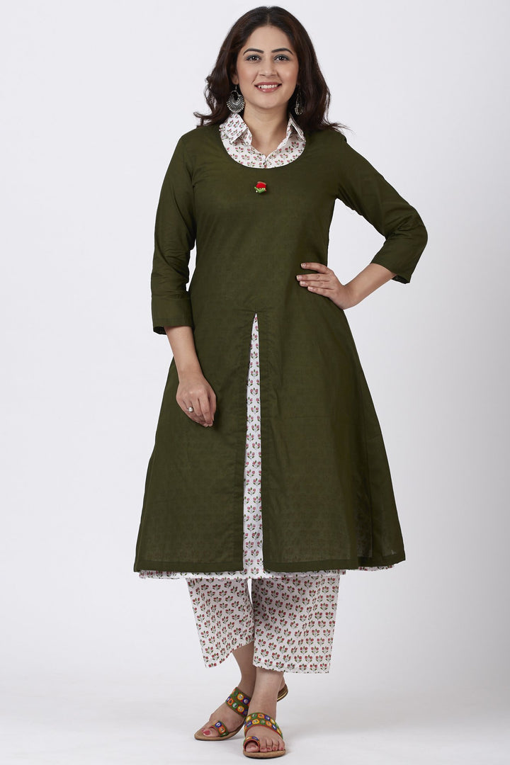 anokherang Combos Mehendi Green Collared Printed Kurti with Straight Pants