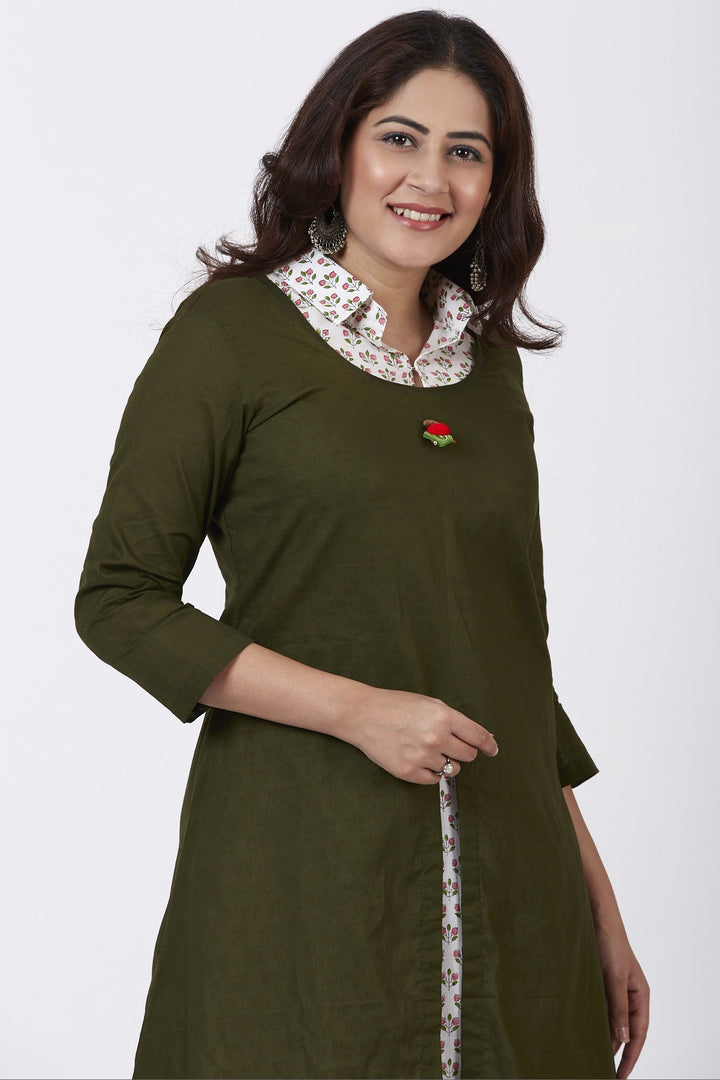 anokherang Combos Mehendi Green Collared Printed Kurti with Straight Pants