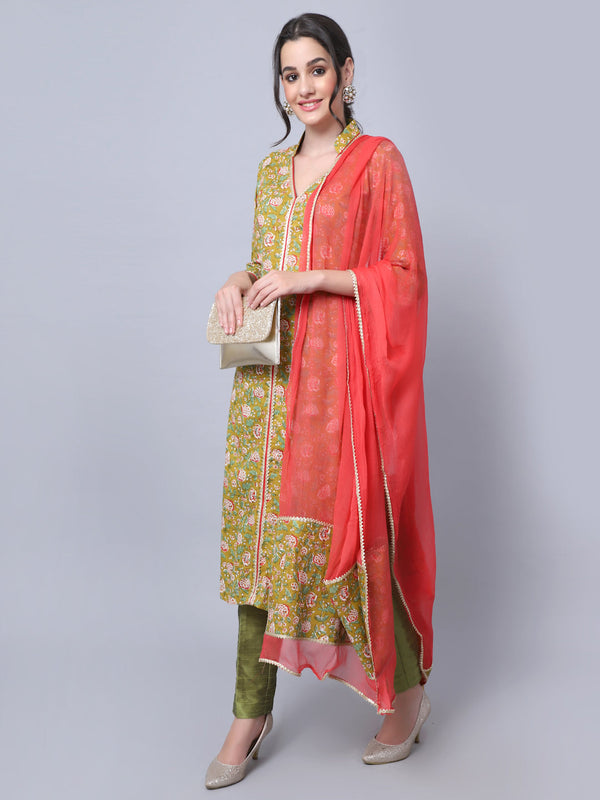 anokherang Combos Mehendi Green Floral Kurti with Straight Pants and Dupatta
