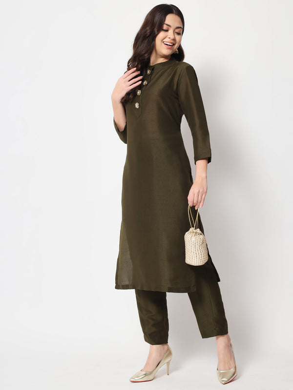 anokherang Combos Mehendi Green Kundan Silk Kurti with Straight Pants