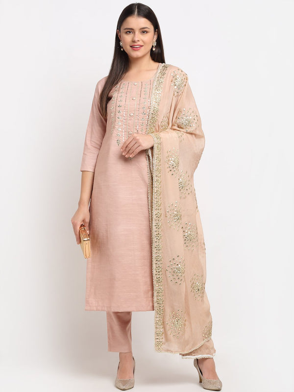anokherang Combos Mellow Gold Embroidered Kurti and Straight Pants with Mellow Gotta Patti Chiffon Dupatta