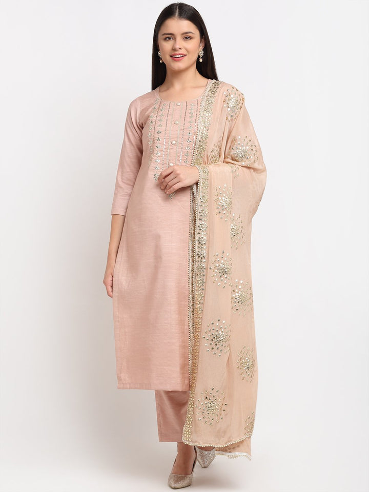 anokherang Combos Mellow Gold Embroidered Kurti and Straight Pants with Mellow Gotta Patti Chiffon Dupatta