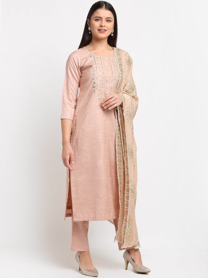 anokherang Combos Mellow Gold Embroidered Kurti and Straight Pants with Mellow Gotta Patti Chiffon Dupatta