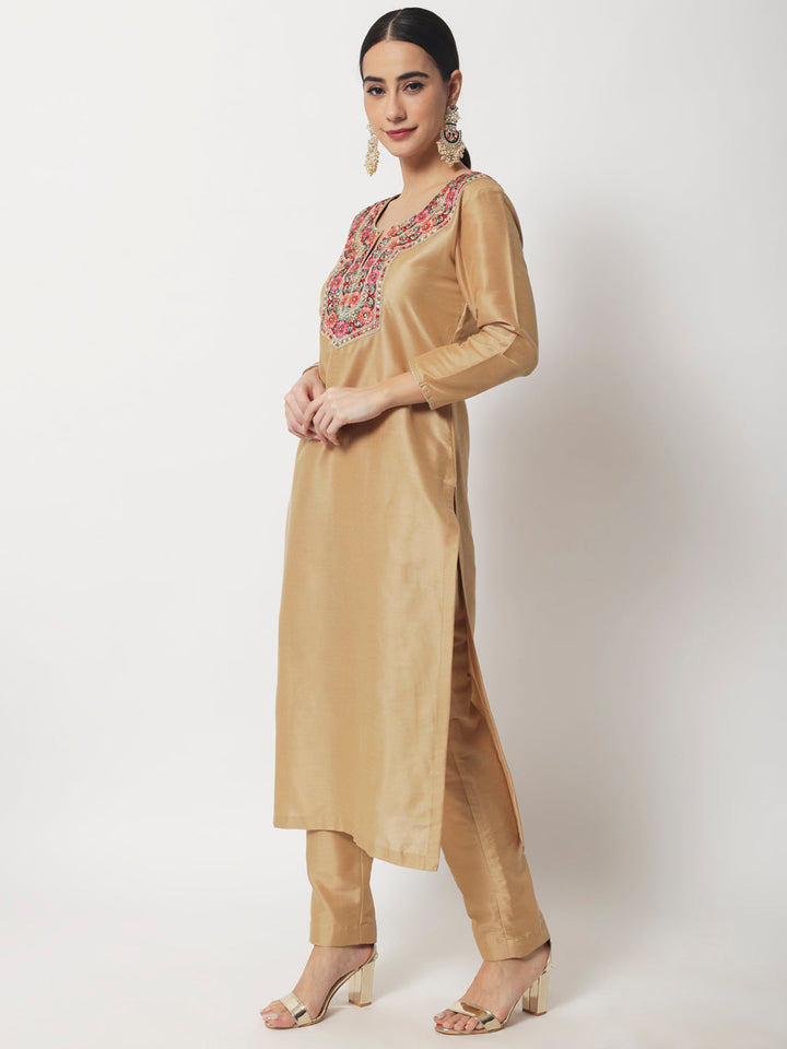 anokherang Combos Mellow Gold Embroidered Straight Kurti with Pants