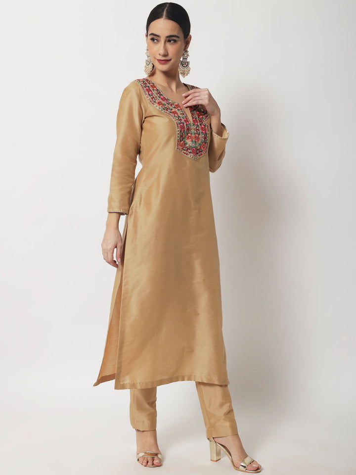anokherang Combos Mellow Gold Embroidered Straight Kurti with Pants
