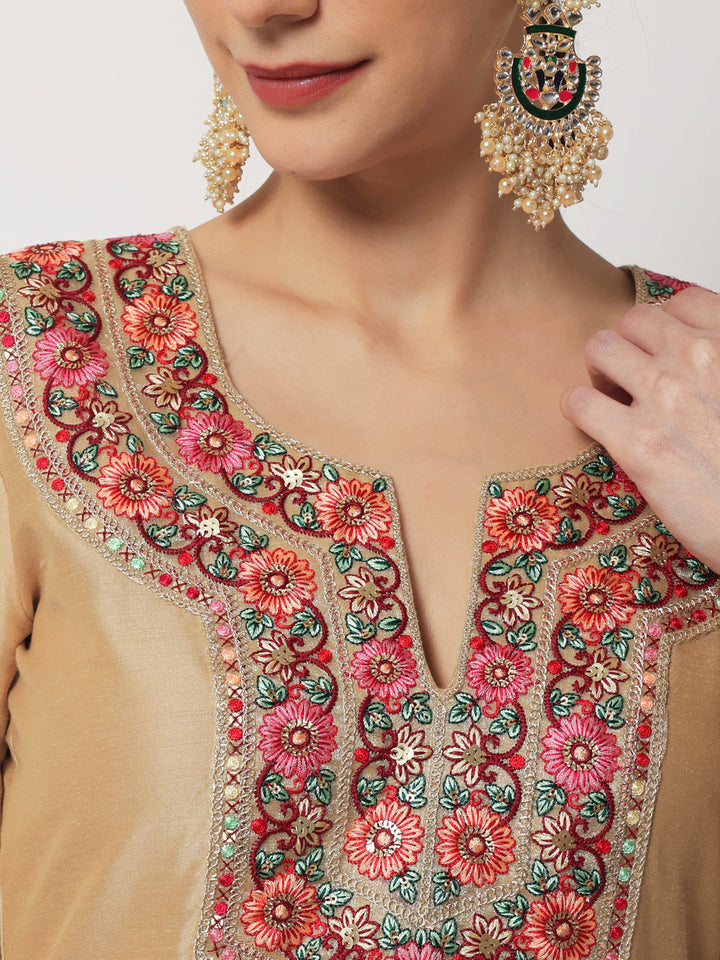 anokherang Combos Mellow Gold Embroidered Straight Kurti with Pants