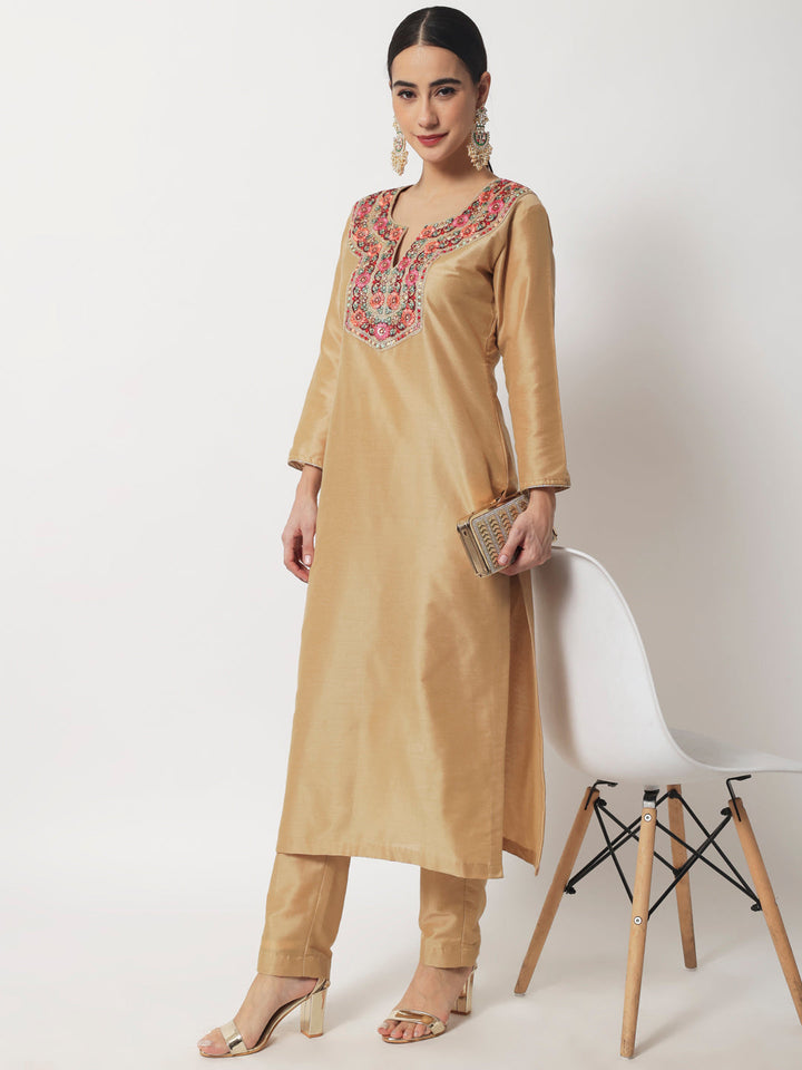anokherang Combos Mellow Gold Embroidered Straight Kurti with Pants