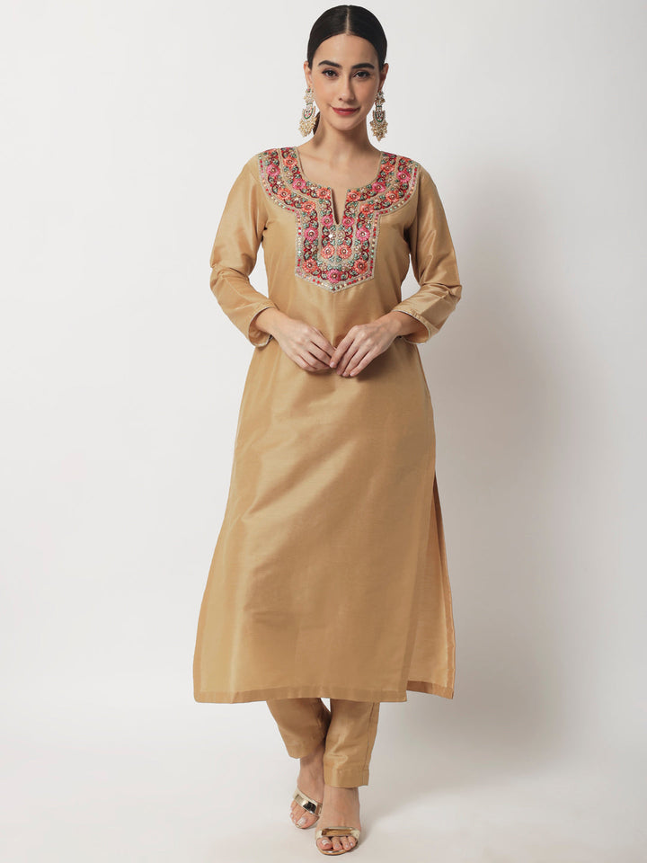 anokherang Combos Mellow Gold Embroidered Straight Kurti with Pants