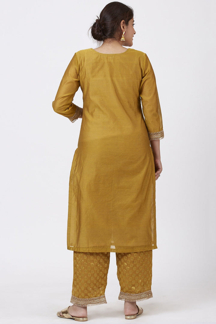 anokherang Combos Mellow Mustard Gotta-Patti Embroidered Kurti with Straight Banarsi Palazzo And Crimson Red Crushed Dupatta
