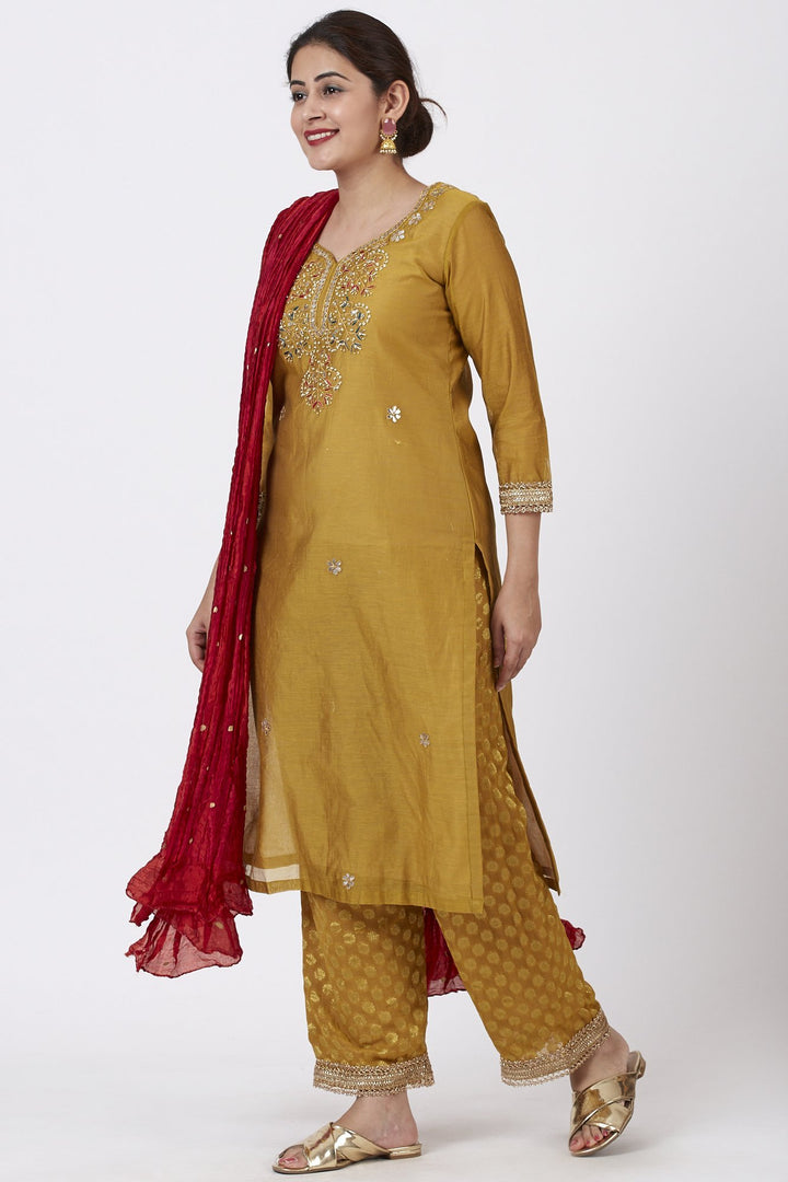 anokherang Combos Mellow Mustard Gotta-Patti Embroidered Kurti with Straight Banarsi Palazzo And Crimson Red Crushed Dupatta