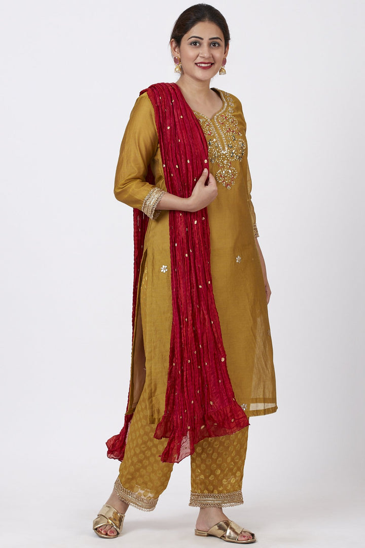 anokherang Combos Mellow Mustard Gotta-Patti Embroidered Kurti with Straight Banarsi Palazzo And Crimson Red Crushed Dupatta