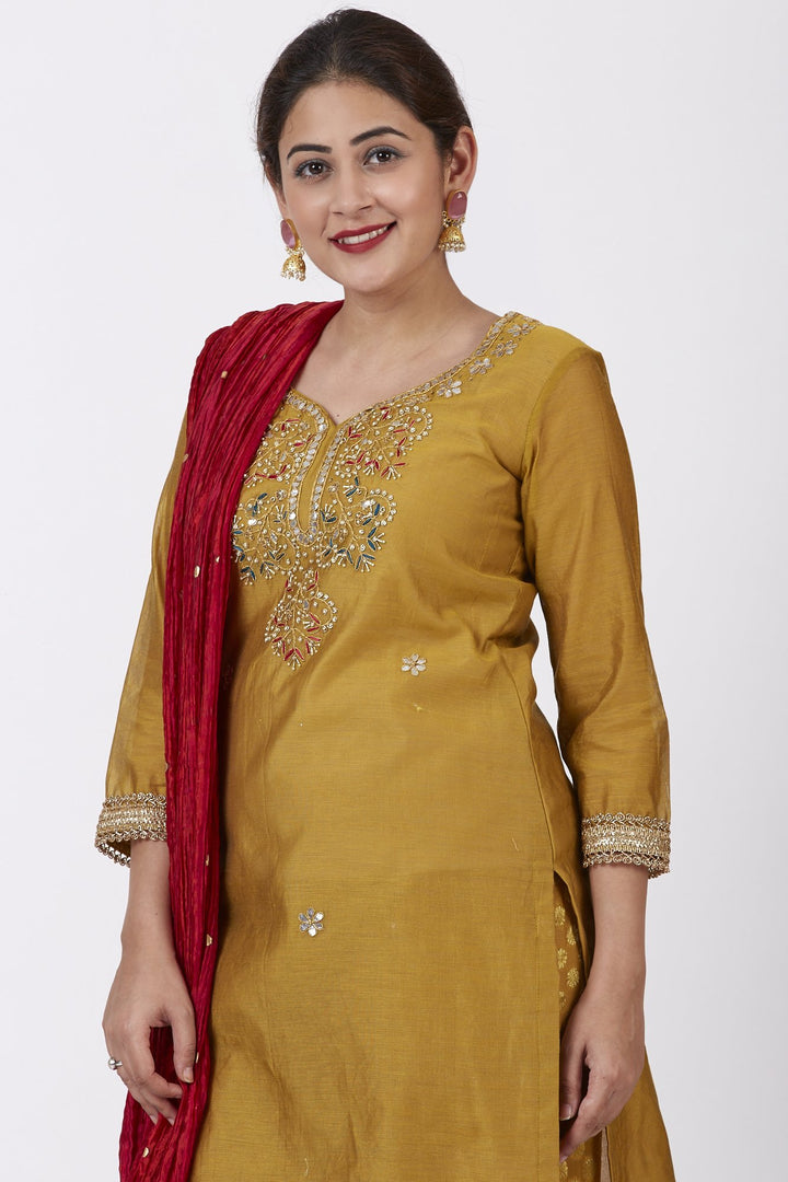anokherang Combos Mellow Mustard Gotta-Patti Embroidered Kurti with Straight Banarsi Palazzo And Crimson Red Crushed Dupatta