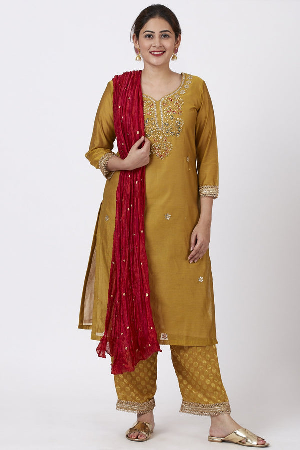 anokherang Combos Mellow Mustard Gotta-Patti Embroidered Kurti with Straight Banarsi Palazzo And Crimson Red Crushed Dupatta