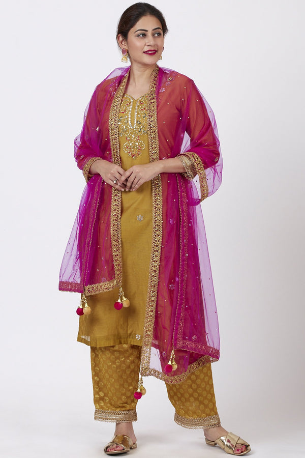 anokherang Combos Mellow Mustard Gotta-Patti Embroidered Kurti with Straight Banarsi Palazzo and Pink Mirror Stone Dupatta