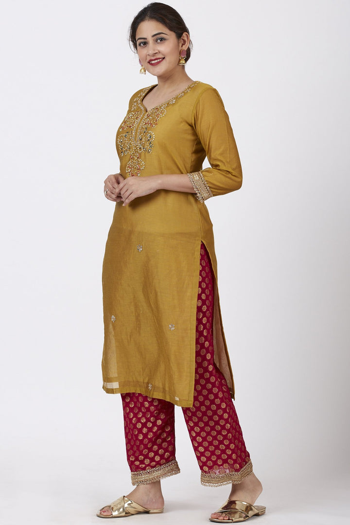 anokherang Combos Mellow Mustard Gotta-Patti Embroidered Kurti with Straight Red Banarsi Palazzo