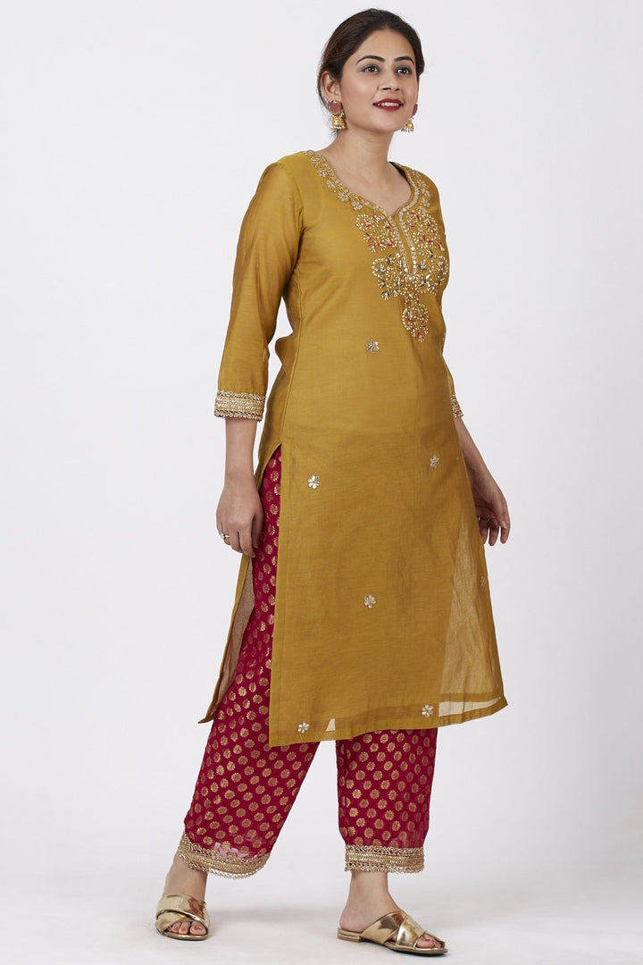 anokherang Combos Mellow Mustard Gotta-Patti Embroidered Kurti with Straight Red Banarsi Palazzo