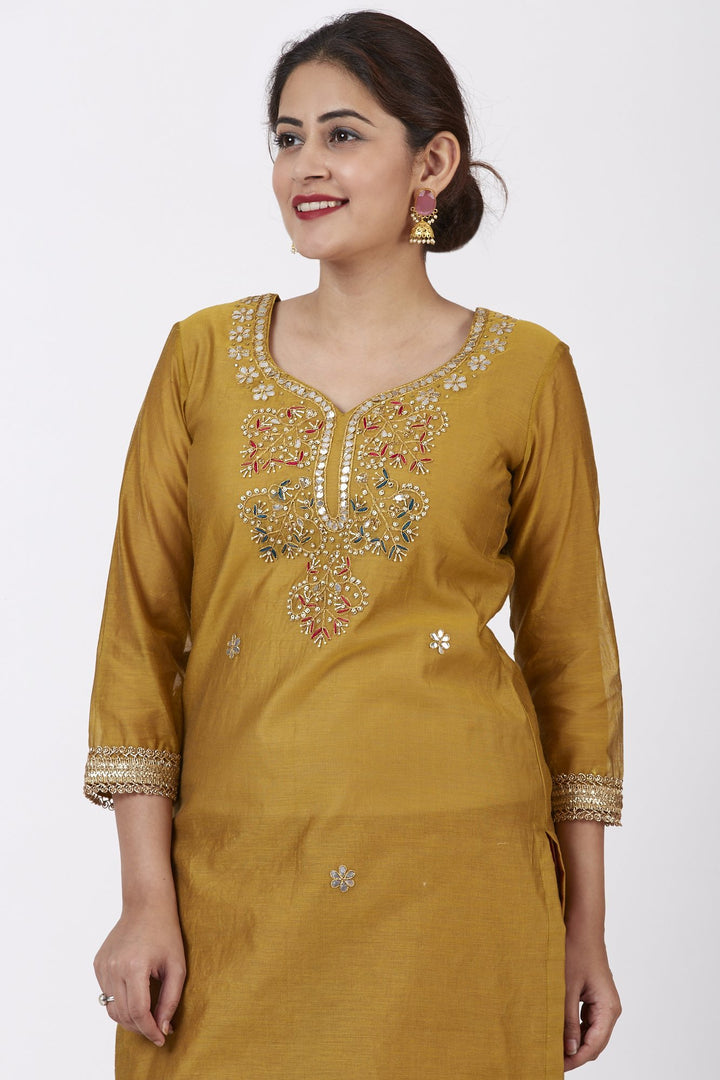 anokherang Combos Mellow Mustard Gotta-Patti Embroidered Kurti with Straight Red Banarsi Palazzo