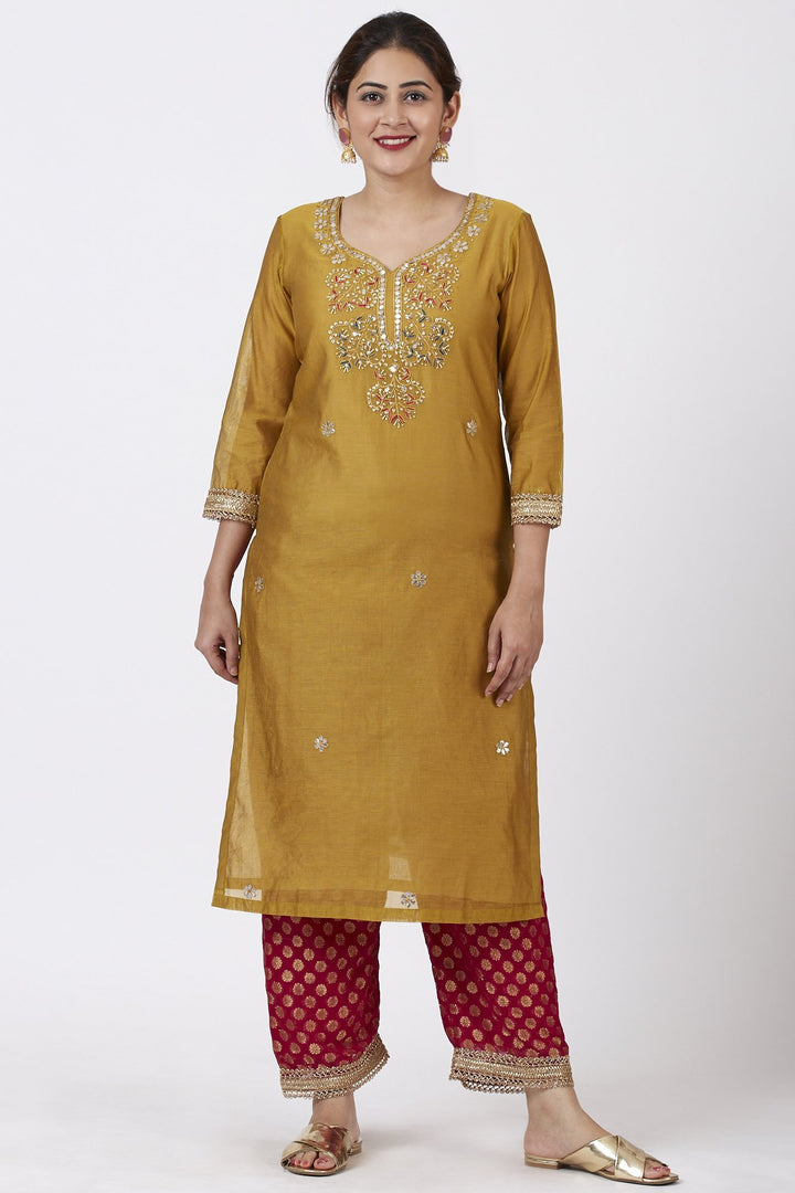anokherang Combos Mellow Mustard Gotta-Patti Embroidered Kurti with Straight Red Banarsi Palazzo