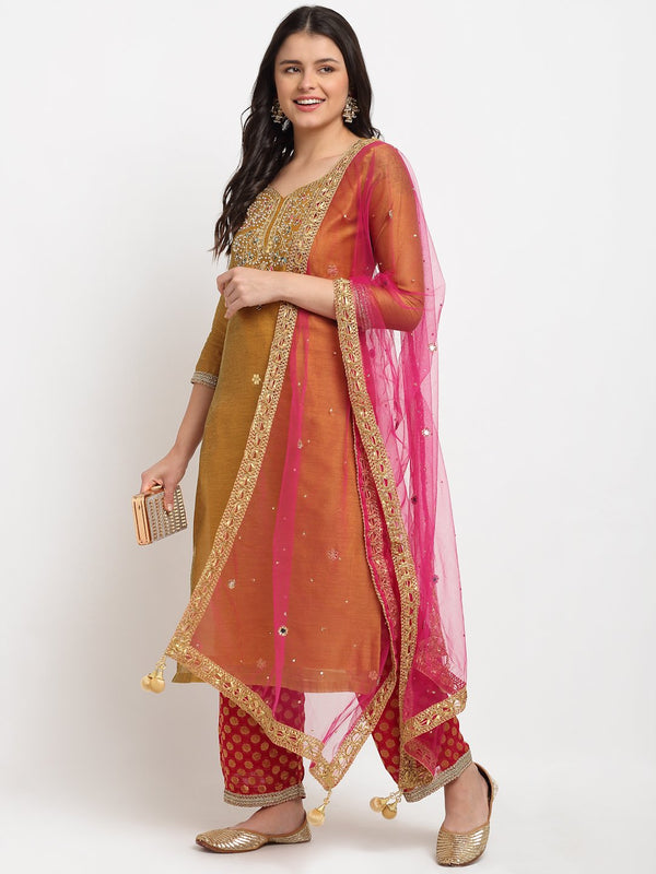 anokherang Combos Mellow Mustard Gotta Patti Embroidered Kurti with Straight Red Banarsi Palazzo and Pink Mirror Stone Dupatta