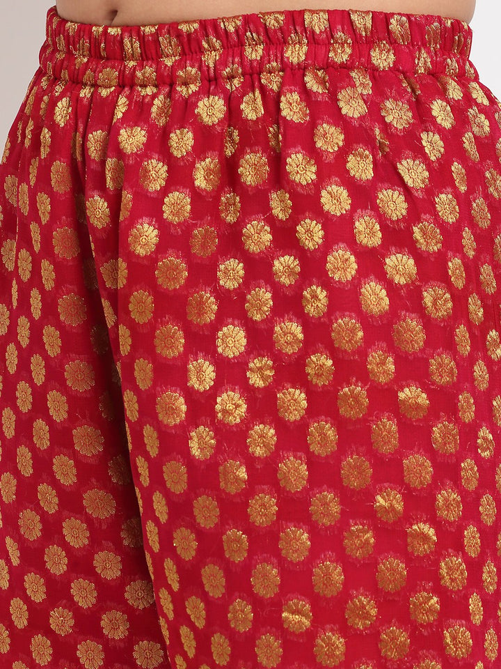 anokherang Combos Mellow Mustard Gotta Patti Embroidered Kurti with Straight Red Banarsi Palazzo and Pink Mirror Stone Dupatta