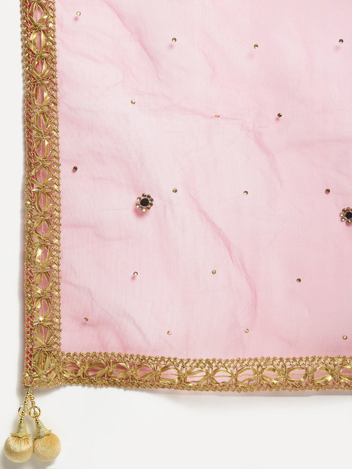 anokherang Combos Mellow Mustard Gotta Patti Embroidered Kurti with Straight Red Banarsi Palazzo and Pink Mirror Stone Dupatta
