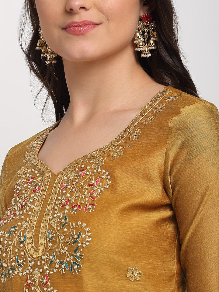 anokherang Combos Mellow Mustard Gotta Patti Embroidered Kurti with Straight Red Banarsi Palazzo and Pink Mirror Stone Dupatta