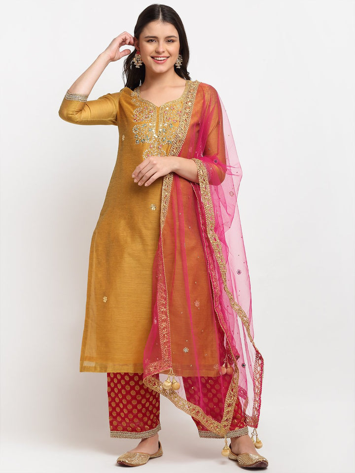 anokherang Combos Mellow Mustard Gotta Patti Embroidered Kurti with Straight Red Banarsi Palazzo and Pink Mirror Stone Dupatta