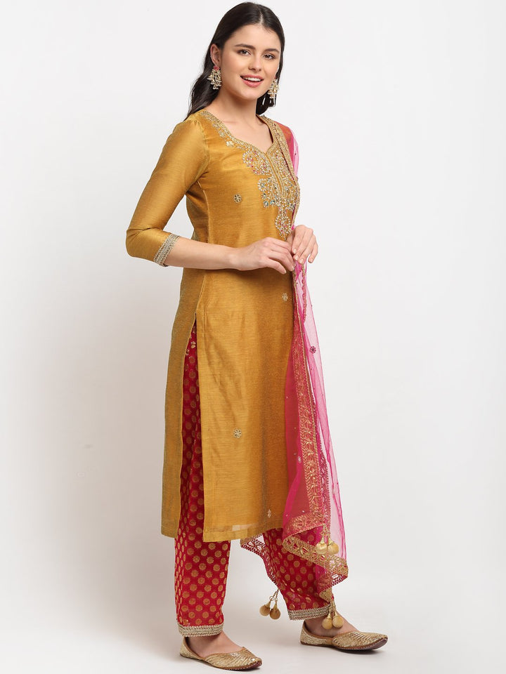 anokherang Combos Mellow Mustard Gotta Patti Embroidered Kurti with Straight Red Banarsi Palazzo and Pink Mirror Stone Dupatta