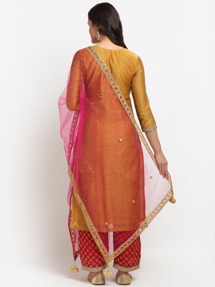 anokherang Combos Mellow Mustard Gotta Patti Embroidered Kurti with Straight Red Banarsi Palazzo and Pink Mirror Stone Dupatta