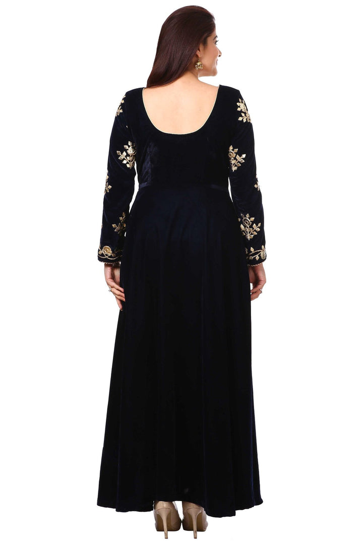 anokherang Combos Midnight Blue Velvet Floor-Length Gown