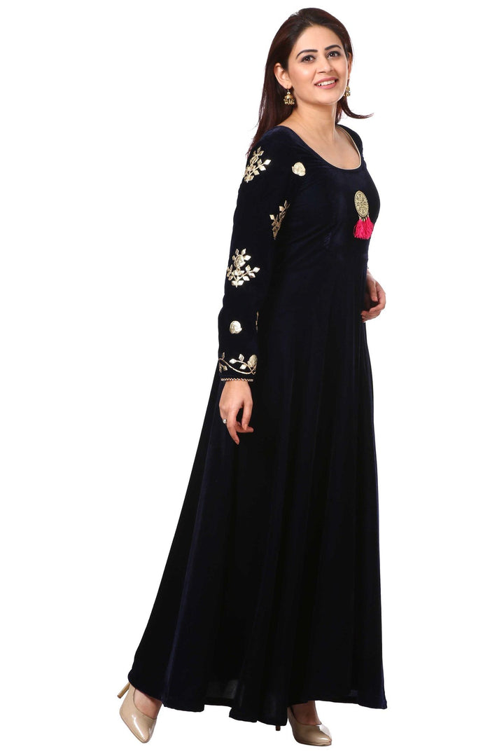 anokherang Combos Midnight Blue Velvet Floor-Length Gown