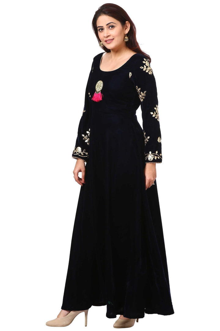 anokherang Combos Midnight Blue Velvet Floor-Length Gown