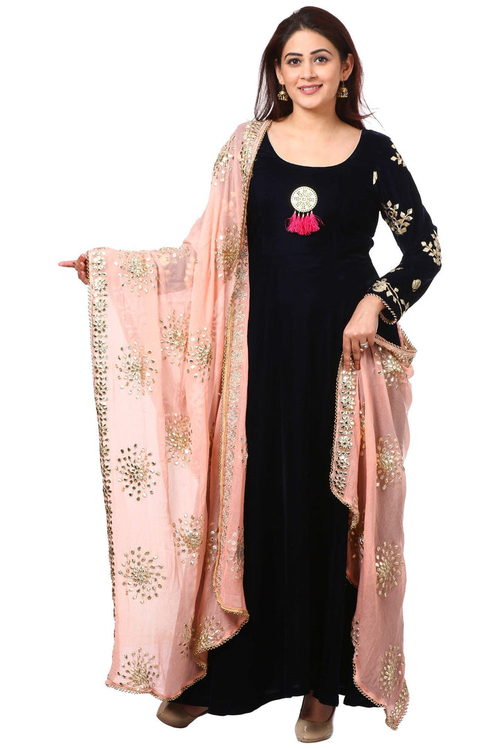 anokherang Combos Midnight Blue Velvet Floor-Length Gown with Peach Gotta Patti Dupatta