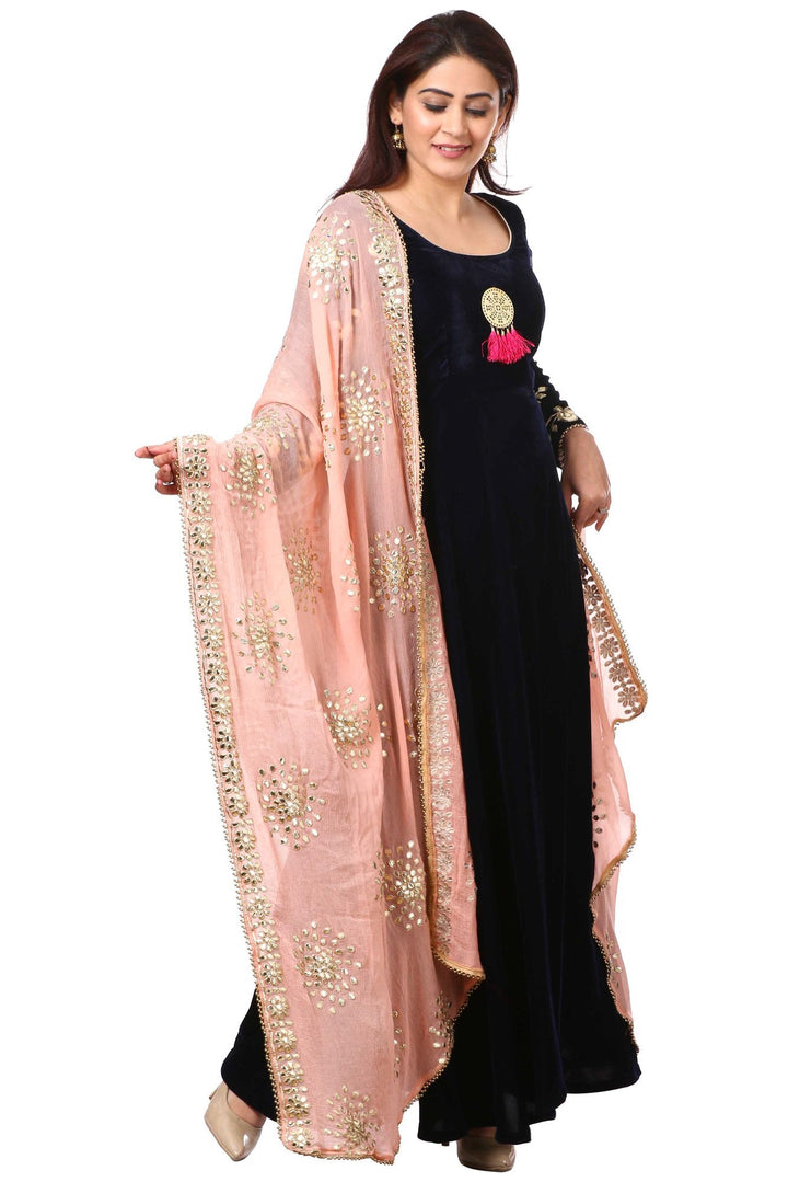 anokherang Combos Midnight Blue Velvet Floor-Length Gown with Peach Gotta Patti Dupatta