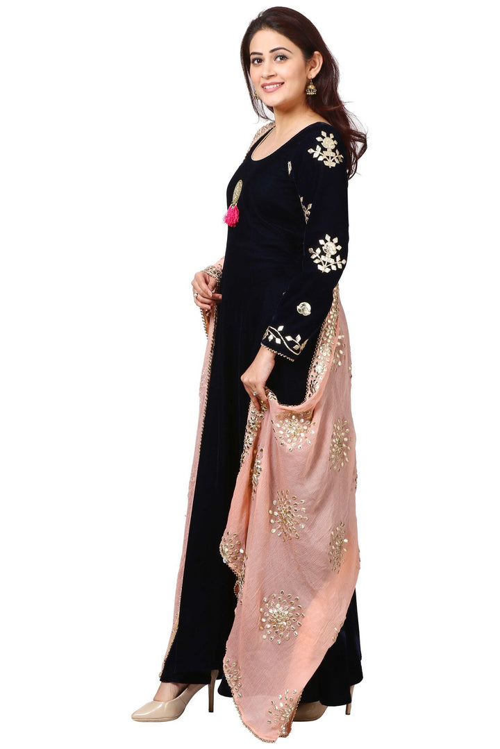 anokherang Combos Midnight Blue Velvet Floor-Length Gown with Peach Gotta Patti Dupatta