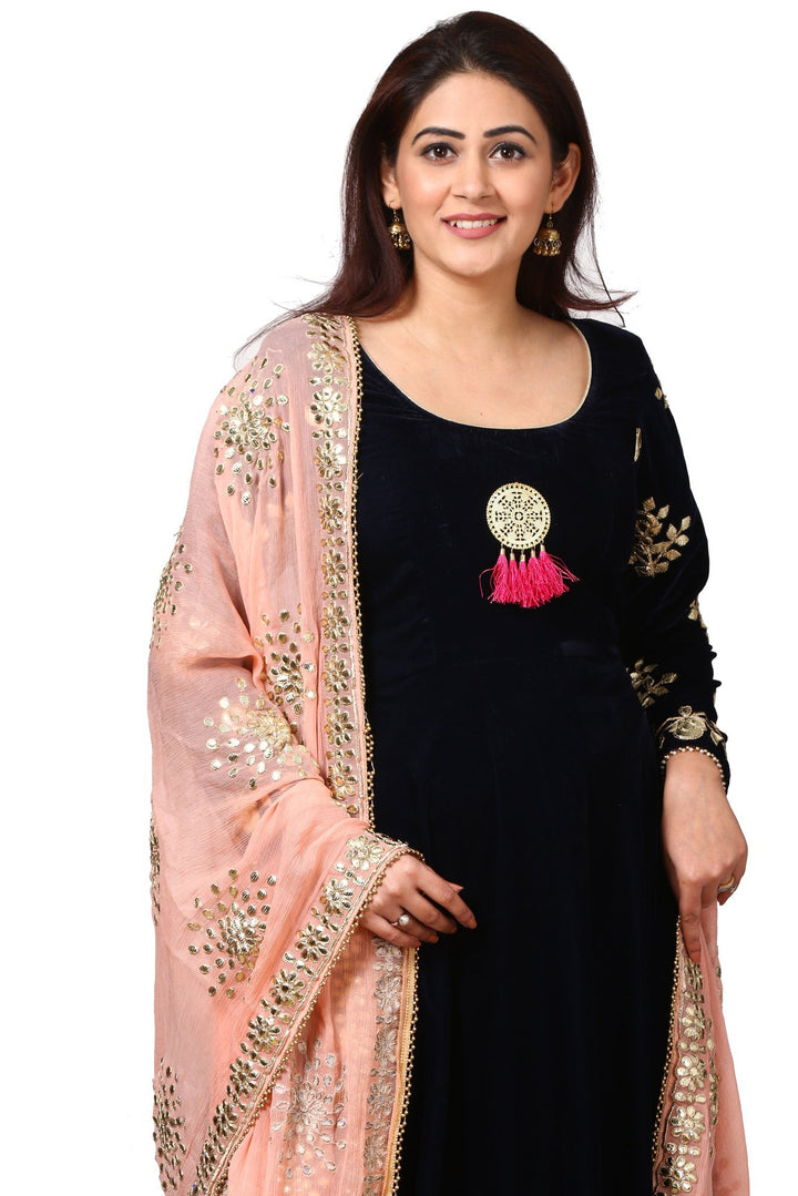 anokherang Combos Midnight Blue Velvet Floor-Length Gown with Peach Gotta Patti Dupatta
