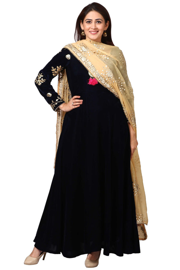 anokherang Combos Midnight Blue Velvet Floor Length with Gold Gotta Patti Dupatta