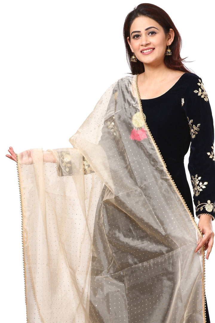 anokherang Combos Midnight Blue Velvet Floor Length with Golden Polka Dot Foil Beaded Organza Dupatta