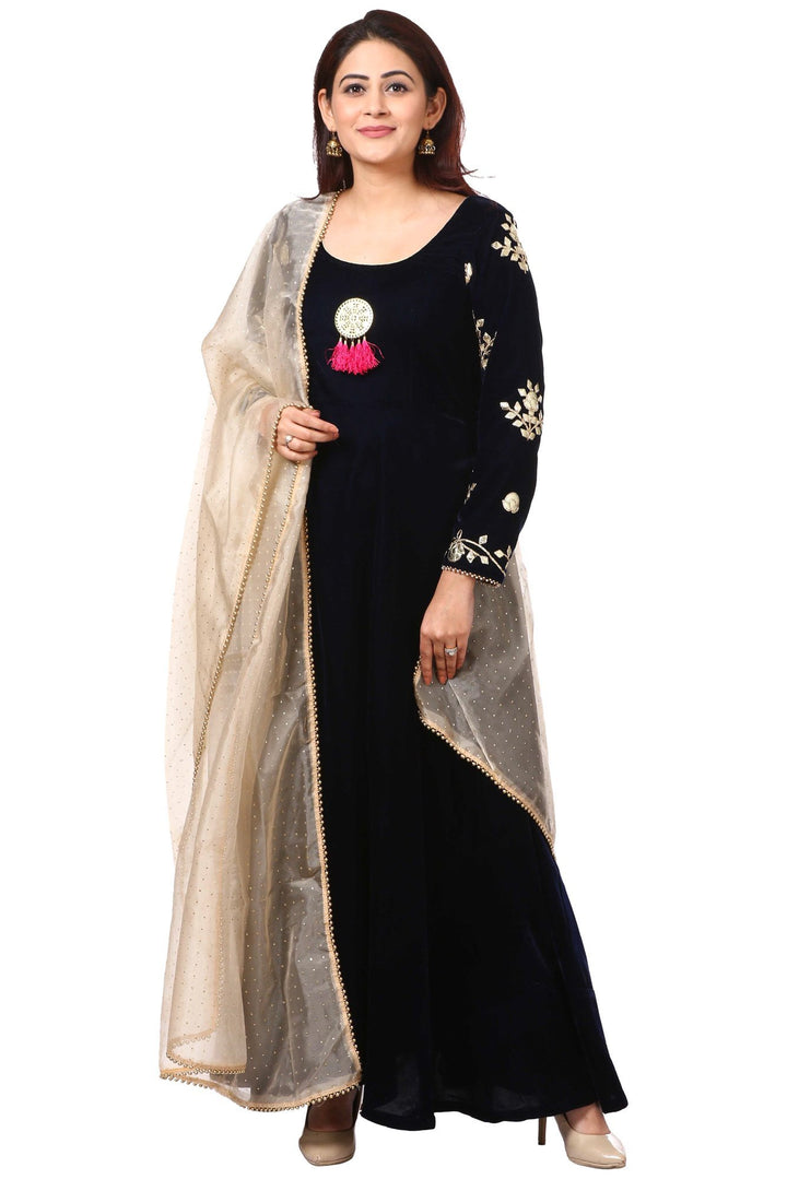 anokherang Combos Midnight Blue Velvet Floor Length with Golden Polka Dot Foil Beaded Organza Dupatta