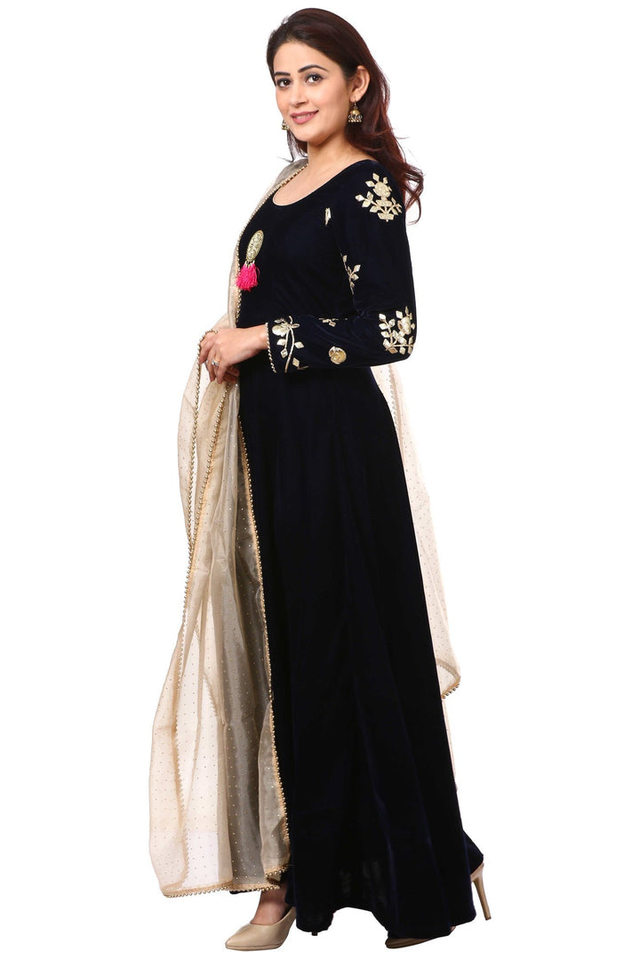 anokherang Combos Midnight Blue Velvet Floor Length with Golden Polka Dot Foil Beaded Organza Dupatta
