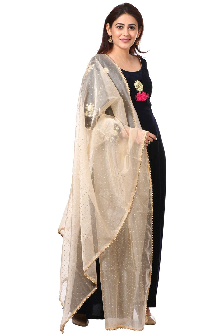 anokherang Combos Midnight Blue Velvet Floor Length with Golden Polka Dot Foil Beaded Organza Dupatta