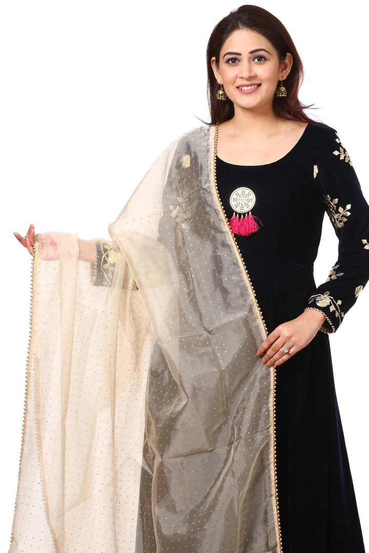 anokherang Combos Midnight Blue Velvet Floor Length with Golden Polka Dot Foil Beaded Organza Dupatta