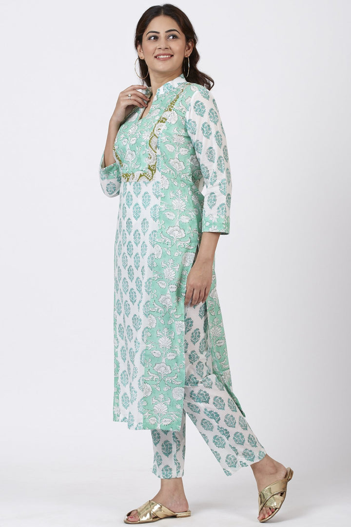 anokherang Combos Mint Blue Block Printed Straight Kurti with Straight Pants