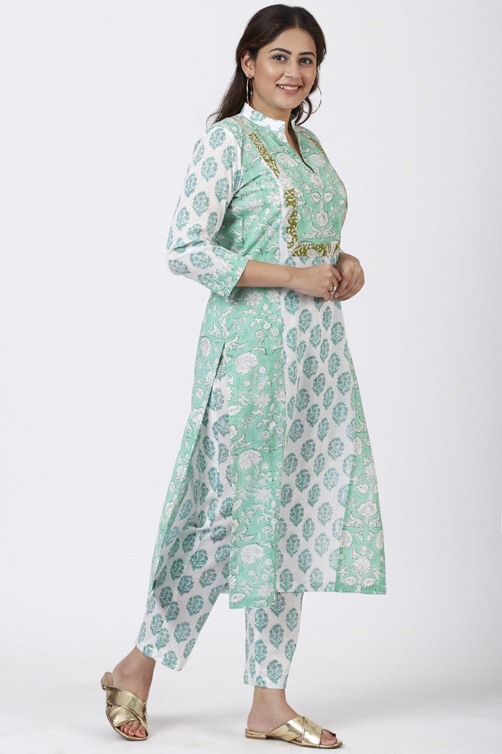 anokherang Combos Mint Blue Block Printed Straight Kurti with Straight Pants