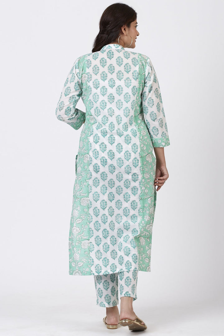 anokherang Combos Mint Blue Block Printed Straight Kurti with Straight Pants