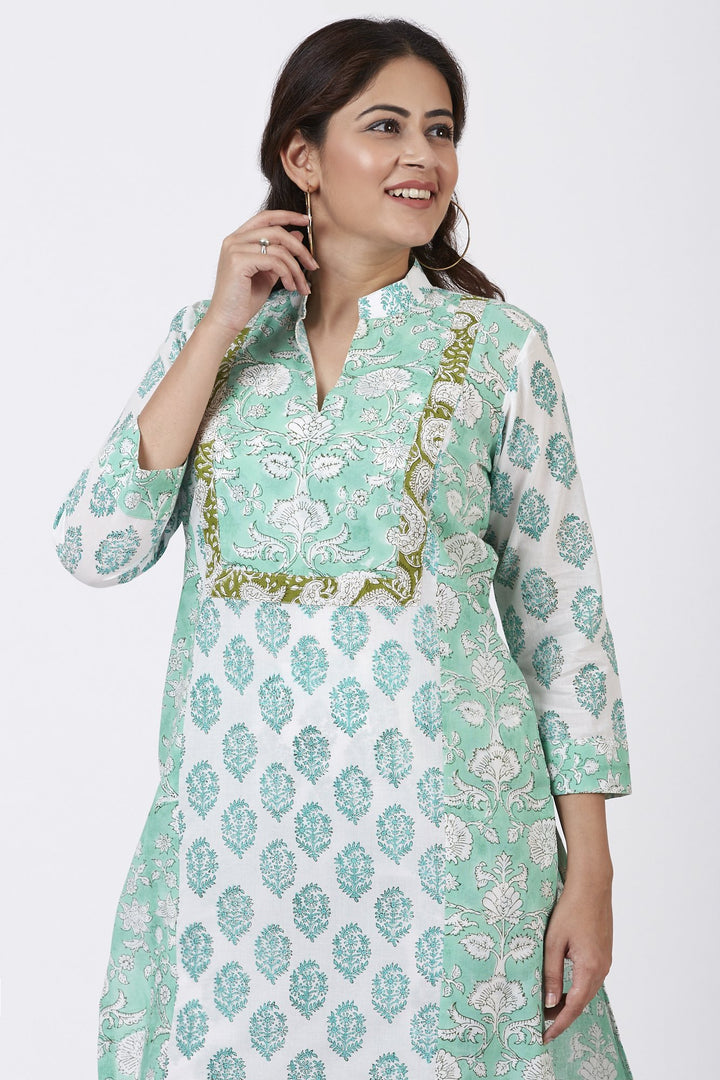 anokherang Combos Mint Blue Block Printed Straight Kurti with Straight Pants
