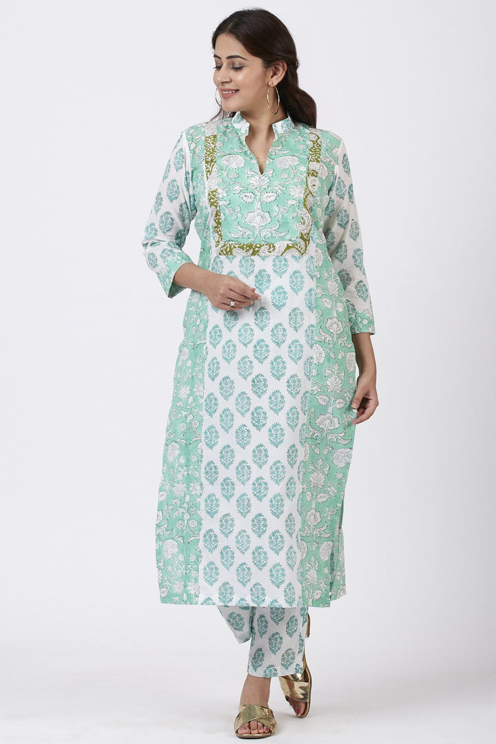 anokherang Combos Mint Blue Block Printed Straight Kurti with Straight Pants
