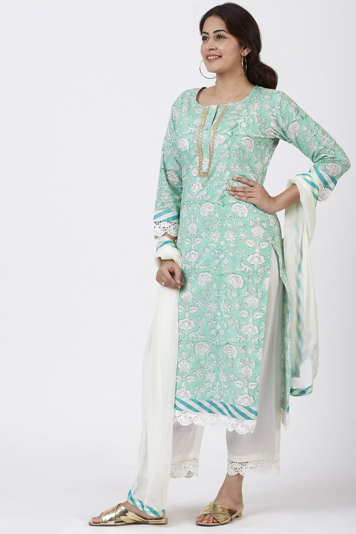 anokherang Combos Mint Green Floral Leheriya Crochet Kurti with Crochet Pants and Leheriya Chiffon Dupatta