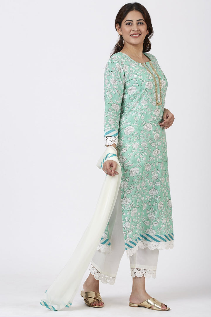 anokherang Combos Mint Green Floral Leheriya Crochet Kurti with Crochet Pants and Leheriya Chiffon Dupatta